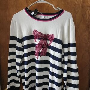 Kensie White and Navy Striped Sweater with Pink Sequin Bow